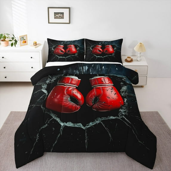 Manfei Boys Boxing Gloves Comforter Sets Twin Size,Broken Glass Comforters & Duvets,Black Red Bedding Twin Comforter Set,Microfiber Bedroom Decorative Reversible,2-Piece