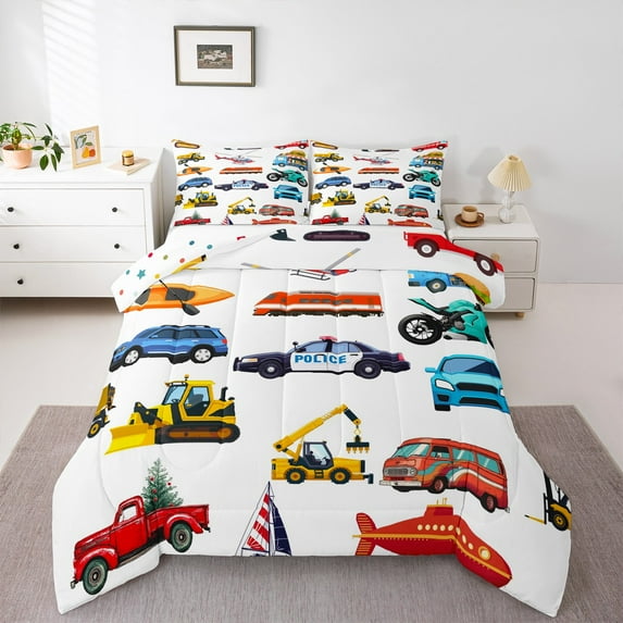 Manfei Boys Cars Full Size Comforter Sets,Cartoon Police Car Bedding Comforter Set,Fire Truck Excavator Bedding Sets For Teens Kid,Luxury Bedroom Decor Reversible,3pcs