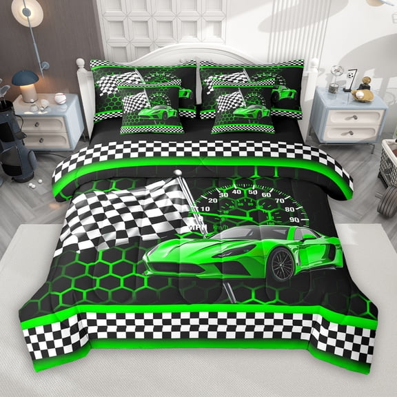 Manfei Boys Cartoon Automobile 7-Piece Twin Bedding Sets, Green Sports Car Bedding Comforter Set, Buffalo Checkered Flag Reversible Sheet Sets, Lightweight Room Decor
