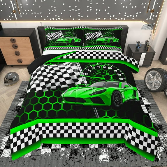 Manfei Boys Cartoon Automobile Bedding Comforter Set, Green Sports Car Twin Comforter Sets, Buffalo Checkered Flag Reversible Bedding Set, Lightweight Room Decor, 2pcs