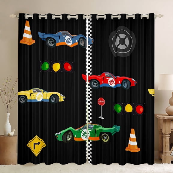 Manfei Boys Cartoon Automobile Black Out Curtains, Green Red Sports Car Curtains Pack of 2 (42x63 Each), Buffalo Checkered Flag Bedroom Curtains, Curtains and Drapes Home Decor