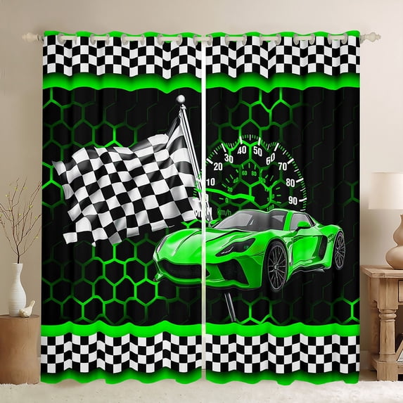 Manfei Boys Cartoon Automobile Black Out Curtains, Green Sports Car Curtains Pack of 2 (42x63 Each), Buffalo Checkered Flag Bedroom Curtains, Curtains and Drapes Decor