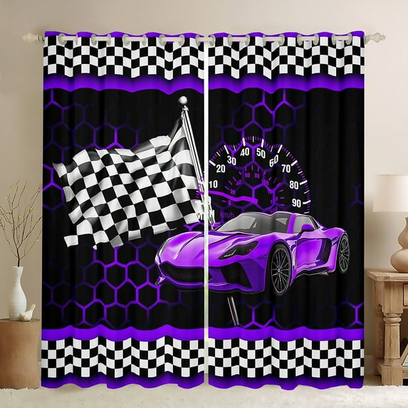 Manfei Boys Cartoon Automobile Curtains Pack of 2 (42x84 Each), Purple Sports Car Curtains Blackout, Buffalo Checkered Flag Bedroom Curtains, Curtains and Drapes Home Decor