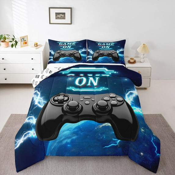 Manfei Boys Cartoon Gamepad Full Size Comforter Sets, Game Over Bedding Comforter Set, Game Console Lover Reversible Bedding Sets, Breathable Home Decor, 3pcs