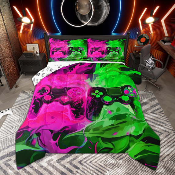 Manfei Boys Cartoon Gamepad Queen Comforter Set, Teens Gamer Bedding Sets, Green Hot Pink Flame Print Bedding Comforter Set, Ultra Soft Home Decor Reversible 3-Piece