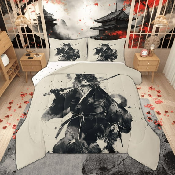 Manfei Boys Cat Samurai Bedding Comforter Set, Vintage Japanese Twin Comforter Sets, Traditional Ink Painting Bedding Set, Super Cozy Room Decor Reversible 2pcs
