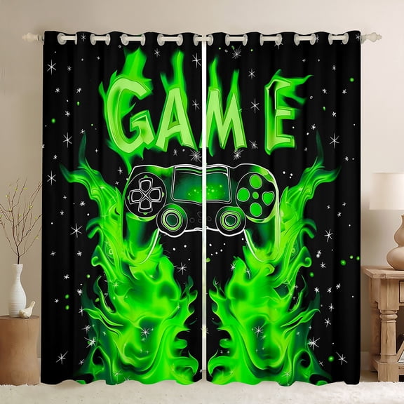Manfei Boys Chic Gamepad Curtains Pack of 2 (42x84 Each), Green Flame Print Curtains Blackout, Dreamy Stars Snowflake Bedroom Curtains, Curtains Blackout Room Decor