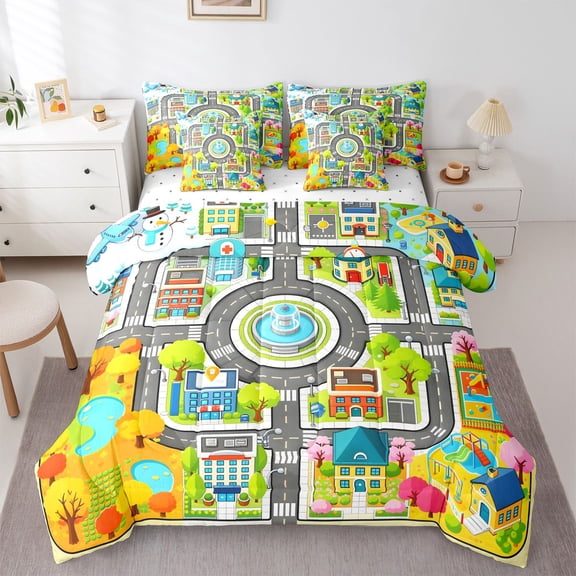Manfei Boys City Map 7-Piece Twin Bedding,Cartoon Buildings Bedding Comforter Set,Gray,Reversible