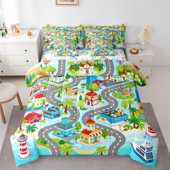 Manfei Boys City Map 7pcs Queen Bedding,Town Houses Print Bedding Comforter Set Queen,Gray,Gamepad reversible