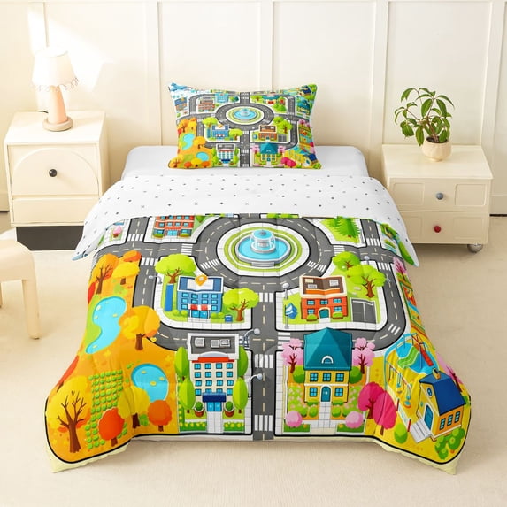 Manfei Boys City Map Twin Comforter Sets,Cartoon Buildings Bedding Set,Gray,Reversible,2-Piece,1 Comforter and 1 Pillowcase
