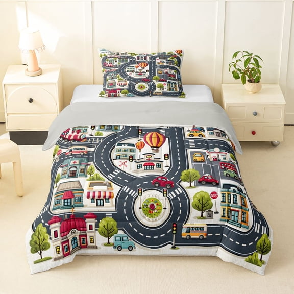 Manfei Boys City Map Twin Comforter Sets,Cartoon Streets Bedding Set,Gray,Light Gray Reversible,2 Pieces,1 Comforter and 1 Pillowcase