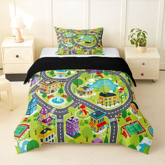 Manfei Boys City Map Twin Comforter Sets,Green Trees Pattern Bedding Set,Gray,Black Reversible,2 Pieces,1 Comforter and 1 Pillowcase