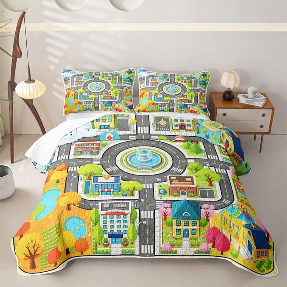 Manfei Boys City Map Twin Quilt Set,Cartoon Buildings Twin Coverlet Set,Gray,2pcs