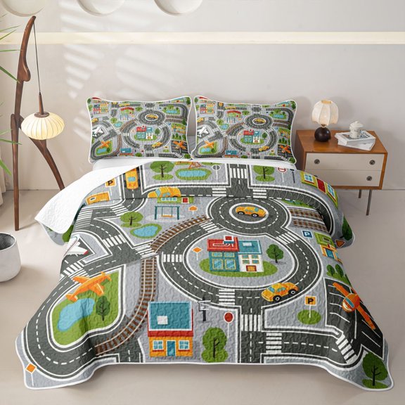 Manfei Boys City Map Twin Quilt Set,Cartoon Roads Print Twin Coverlet Set,Gray,2pcs