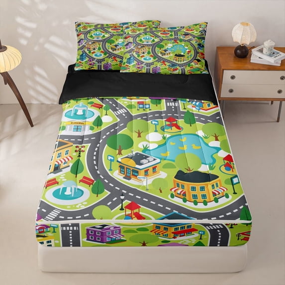 Manfei Boys City Map Zipper Full Size Comforter Sets with Fitted Sheet and 2 Pillowcases,Green Trees Pattern Zipper Bedding Set,Gray,Black Reversible,4pcs