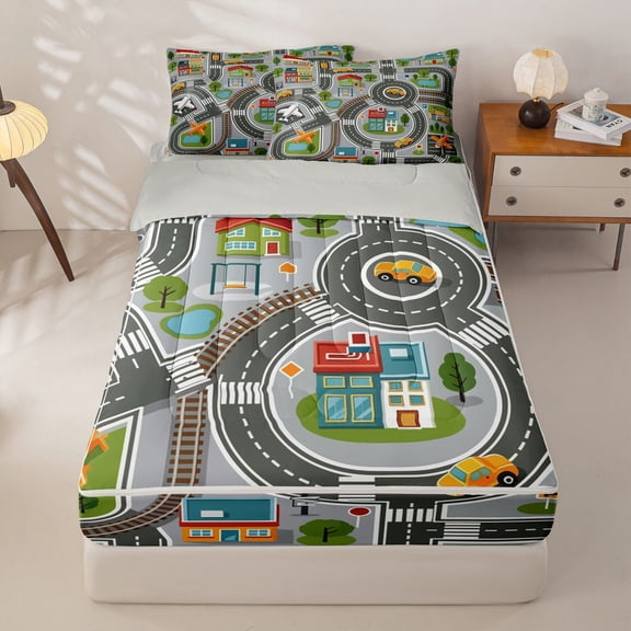 Manfei Boys City Map Zipper Twin Comforter Sets with Fitted Sheet and 2 Pillowcases,Cartoon Roads Print Zipper Bedding Set,Gray,Light Gray Reversible,4pcs