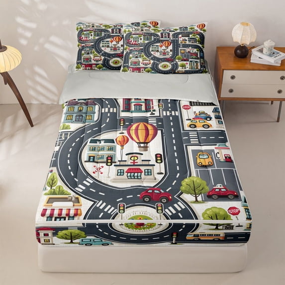 Manfei Boys City Map Zipper Twin Comforter Sets with Fitted Sheet and 2 Pillowcases,Cartoon Streets Zipper Bedding Set,Gray,Light Gray Reversible,4pcs