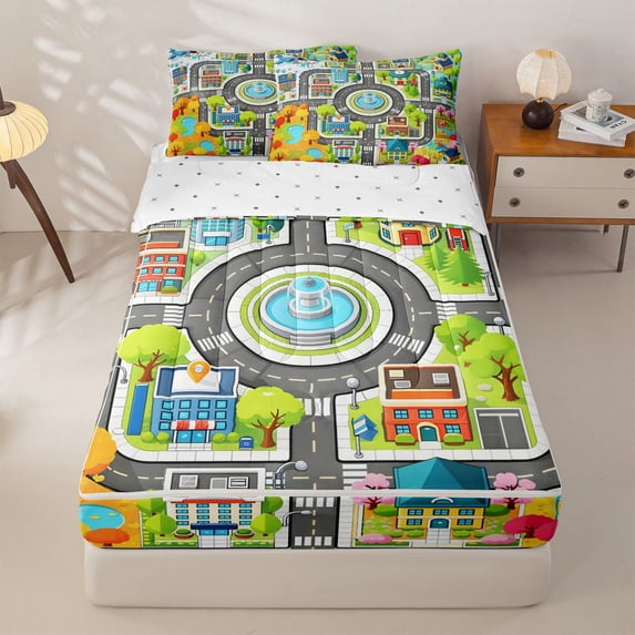 Manfei Boys City Map Zipper Twin Comforter Sets with Fitted Sheet and 2 Pillowcases,Cartoon Buildings Zipper Bedding Set,Gray,Reversible,4pcs