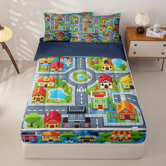 Manfei Boys City Map Zipper Twin Comforter Sets with Fitted Sheet and 2 Pillowcases,Cartoon Houses Zipper Bedding Set,Gray,Navy Blue Reversible,4pcs