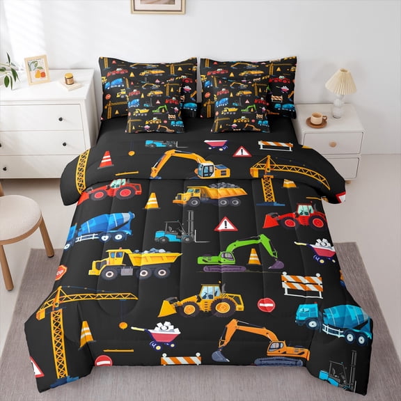 Manfei Boys Construction Truck Bedding Comforter Set 7-Piece, Tractor Machinery King Bedding Sets, Cartoon Vehicle Reversible Bed Sheets, Luxury Bedroom Decor