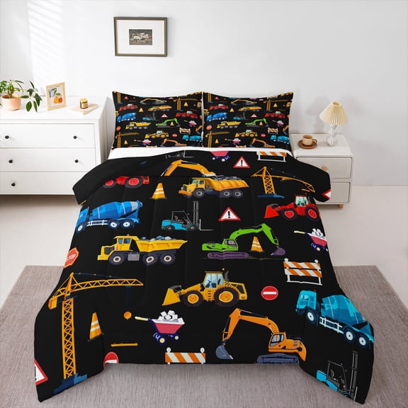 Manfei Boys Construction Truck Queen Comforter Set, Tractor Machinery Bedding Sets, Cartoon Vehicle Reversible Bedding Comforter Set, Luxury Bedroom Decor, 3 Pieces