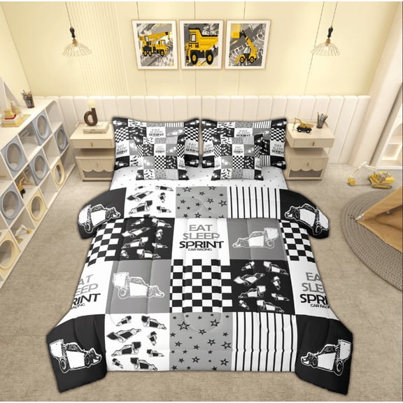 Manfei Boys Construction Truck Twin Bedding Sets 7-Piece, Tractor Machinery Bedding Comforter Set, Cartoon Vehicle Reversible Sheet Sets, Super Cozy Room Decor
