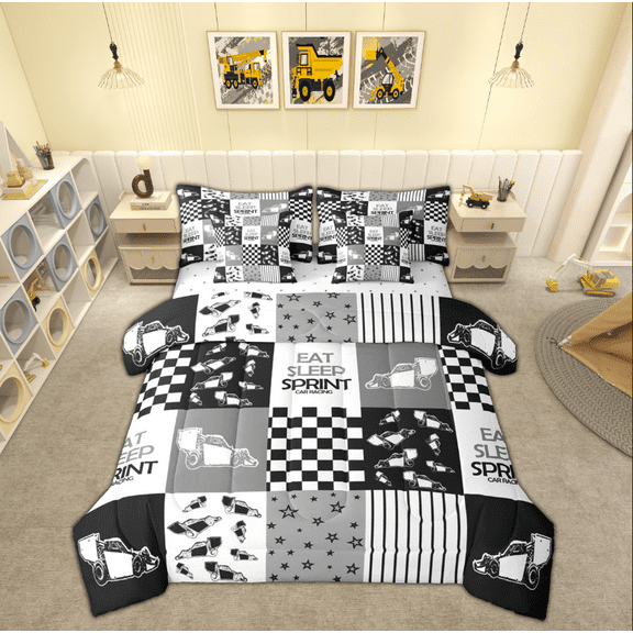 Manfei Boys Construction Truck Twin Bedding Sets 7-Piece, Tractor Machinery Bedding Comforter Set, Cartoon Vehicle Reversible Sheet Sets, Super Cozy Room Decor