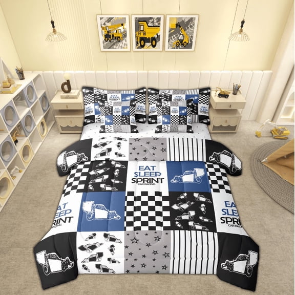 Manfei Boys Construction Truck Twin Bedding Sets 7-Piece, Tractor Machinery Bedding Comforter Set, Cartoon Vehicle Theme Reversible Sheet Sets, Lightweight Room Decor