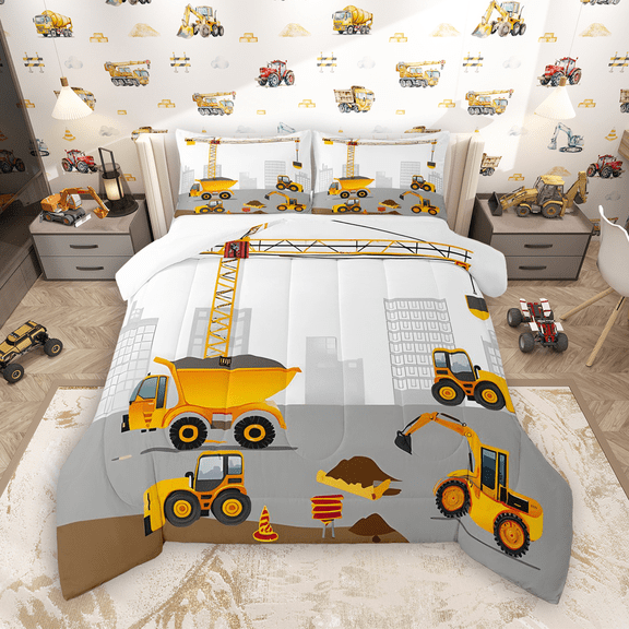 Manfei Boys Construction Vehicles Queen Comforter Set 3 Pieces, Kids Truck Bedding Sets, Bulldozer Tractor Bedding Comforter Set, Breathable Home Decor