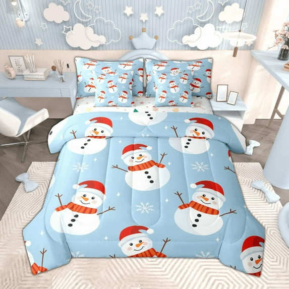 Manfei Boys Cute Snowman Bedding Comforter Set 7-Piece, Merry Christmas Queen Bedding Sets, Blue White Red Queen Sheet Sets, Breathable Home Decor