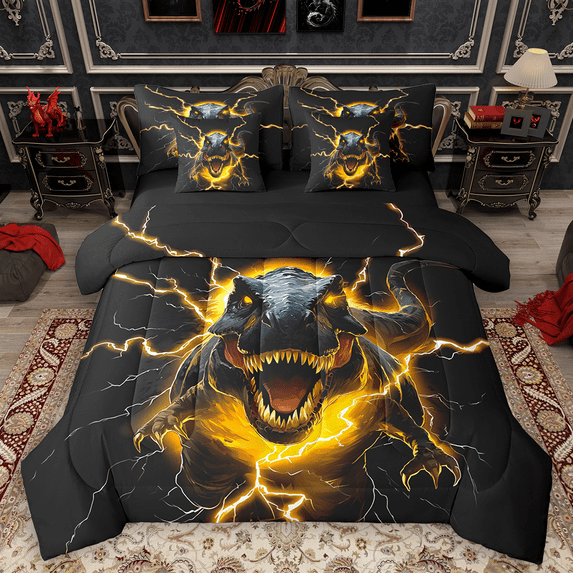 Manfei Boys Dinosaur Bedding Comforter Set 7-Piece for Kids Boys, Orange Lightning Full Bedding Set, Wild Animal Fitted Sheet Flat Sheet, Microfiber Bedroom Decor