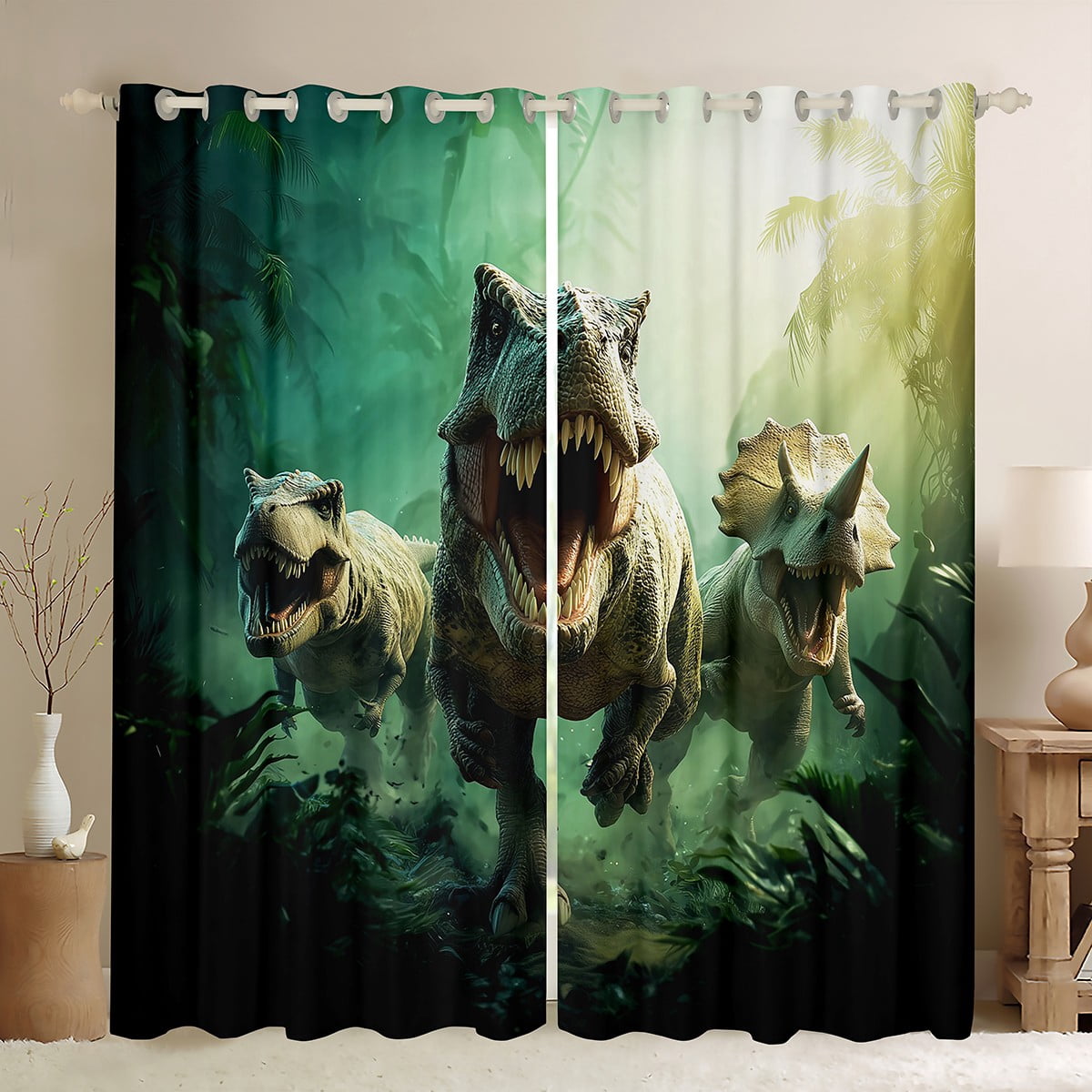 Manfei Boys Dinosaur Black Out Curtains, Dino Theme Curtains Pack of 2 (42x63 Each), Jungle Wildlife Bedroom Curtains, Luxurious Room Decor