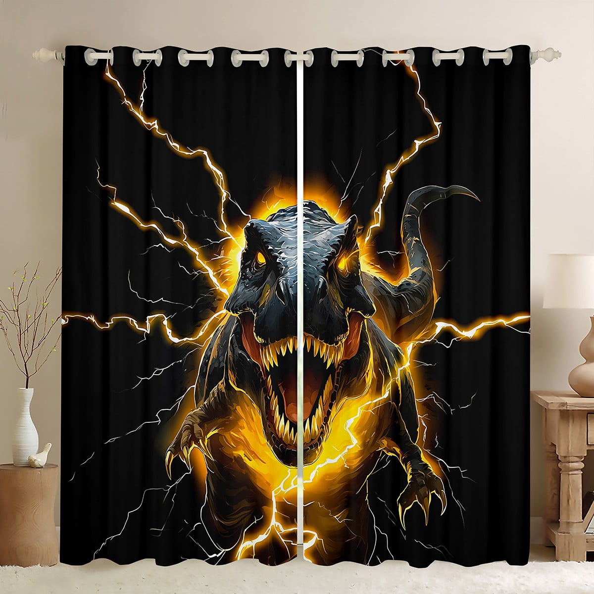 Manfei Boys Dinosaur Blackout Curtains Set of 2 (52x84 Each) for Kids Boys, Orange Lightning Window Curtains, Wild Animal Curtains and Drapes, Luxury Bedroom Decor