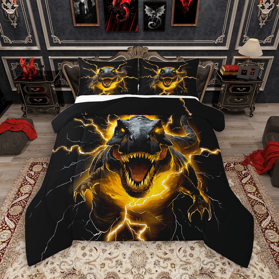 Manfei Boys Dinosaur Full Size Comforter Sets 3-Piece for Kids Boys, Orange Lightning Bedding Comforter Set, Wild Animal Bedding Sets, Microfiber Bedroom Decor