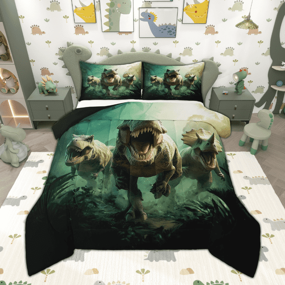 Manfei Boys Dinosaur Queen Comforter Set, Dino Theme Bedding Sets, Jungle Wildlife Bedding Comforter Set, Super Cozy Room Decor Reversible 3 Pieces