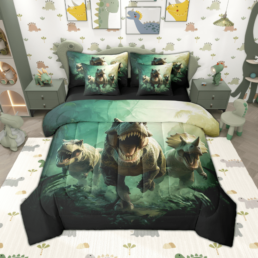 Manfei Boys Dinosaur Twin Bedding Sets 7pcs, Dino Theme Bedding Comforter Set, Jungle Wildlife Sheet Sets, Super Cozy Room Decor