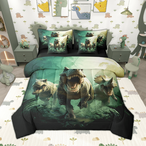 Manfei Boys Dinosaur Twin Bedding Sets 7pcs, Dino Theme Bedding Comforter Set, Jungle Wildlife Sheet Sets, Super Cozy Room Decor