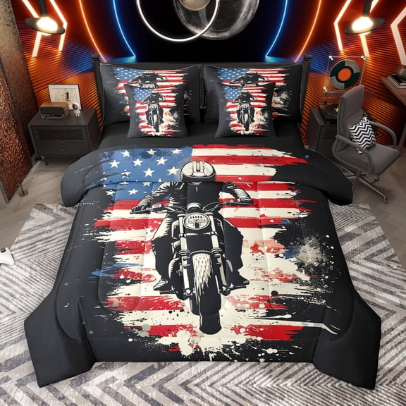 Manfei Boys Dirt Bike 7-Piece Twin Bedding Sets,Outdoor Extreme Sport Bedding Comforter Set,Retro American Flag Sheet Sets Teens,Ultra Soft Home Decor Reversible