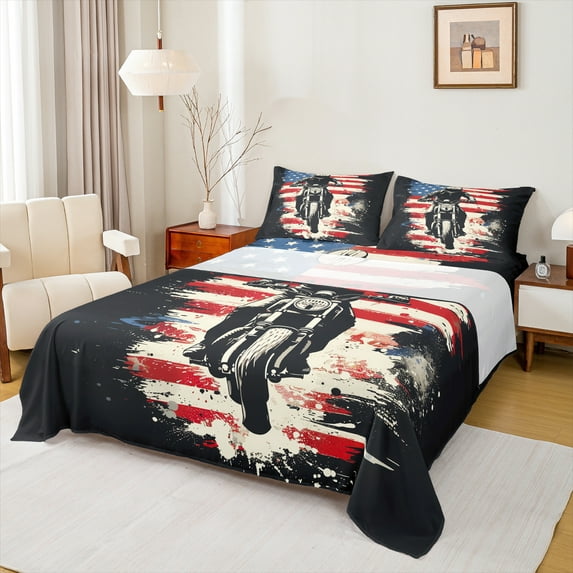 Manfei Boys Dirt Bike Twin Sheet Sets,Outdoor Extreme Sport Twin Fitted Sheet,Retro American Flag Flat Sheet Teens,Ultra Soft Home Decor,3 Pieces