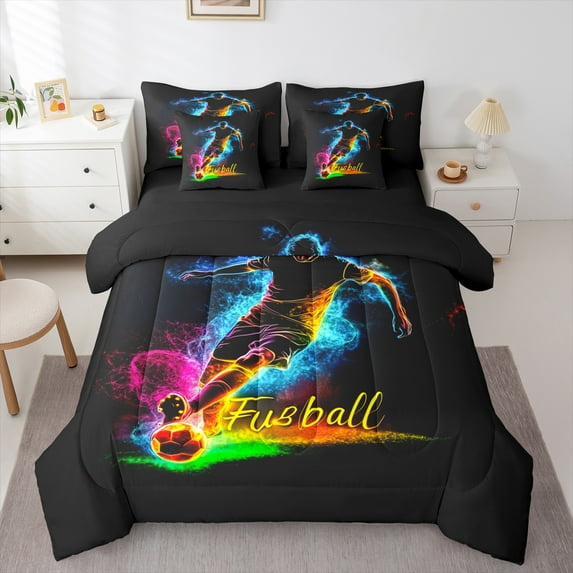 Manfei Boys Football 7-Piece Bedding Comforter Set,Sport Theme King Bedding Sets,Colorful Neon Bed Sheets For Kids,Luxury Bedroom Decor Reversible