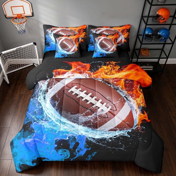 Manfei Boys Football Full Size Bedding Sets, Rugby Game Full Size Bed in a Bag, Black Brown Brightblue, Black Reversible 7pcs