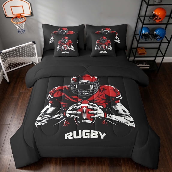 Manfei Boys Football Full Size Bedding Sets, Rugby Gaming Full Size Bed in a Bag, Red Black White, Black Reversible 7pcs