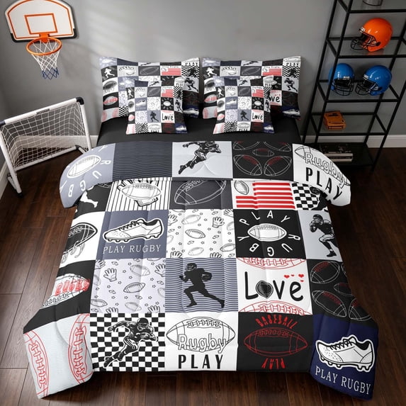 Manfei Boys Football Full Size Bedding Sets, Sport Patchwork Full Size Bed in a Bag, Black Red, Black Reversible 7-Piece