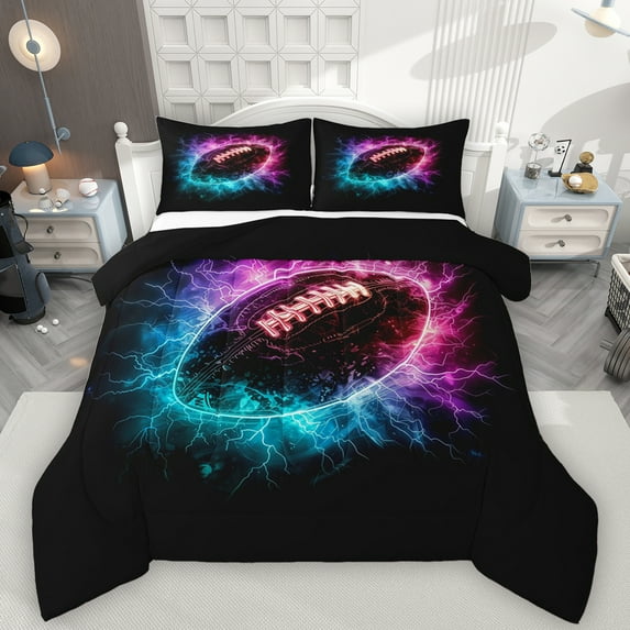 Manfei Boys Football Game Queen Comforter Set,Rugby Lovers Bedding Sets,Cyan Black Brown Bedding Comforter Set For Boys Kids,Microfiber Bedroom Decor Reversible,3pcs