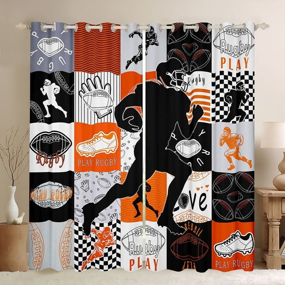 Manfei Boys Football Kitchen Curtains, Sport Plaid Black Out Curtains Pack of 2 (42x63 Each), Black Orange