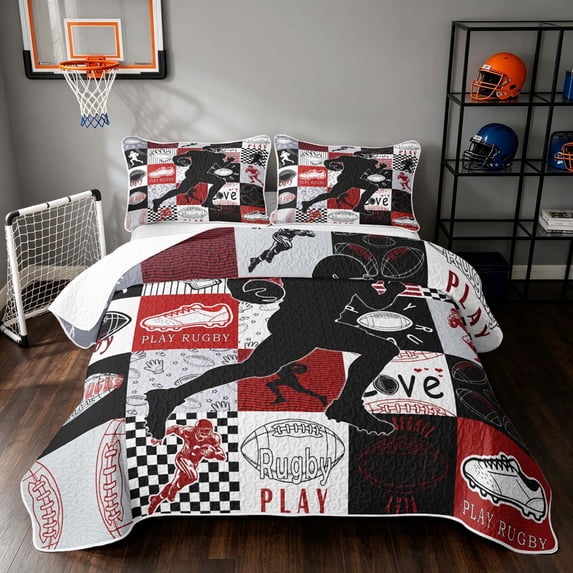 Manfei Boys Football Quilt King, Sport Checkered King Coverlet Set, Black Red, Black Reversible 3pcs, 1 Bedspread and 2 Pillowcases