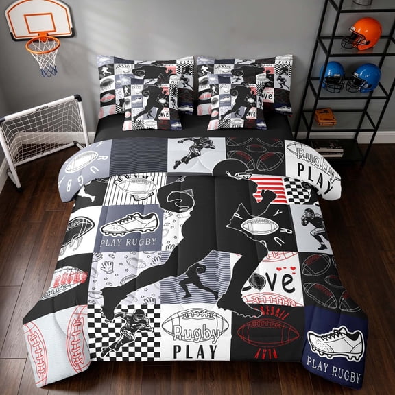 Manfei Boys Football Twin Bedding, Sport Checkered Bedding Comforter Set, Black Gray, Black Reversible 7pcs