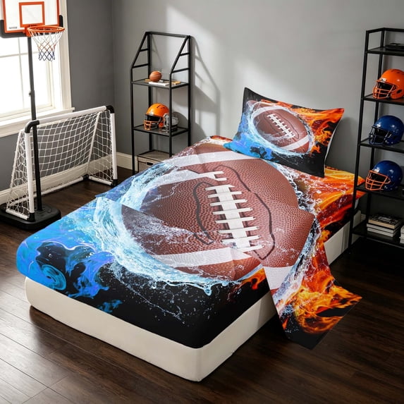 Manfei Boys Football Twin Sheets, Rugby Game Bedding, Black Brown Brightblue 3pcs(1 Flat Sheet, 1 Fitted Sheet and 1 Pillowcase)