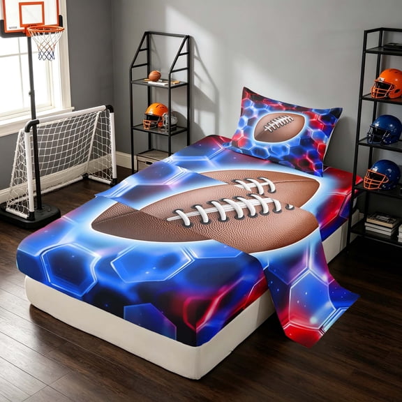 Manfei Boys Football Twin Sheets, Rugby Gamer Bedding, Red Blue Brown 3pcs(1 Flat Sheet, 1 Fitted Sheet and 1 Pillowcase)