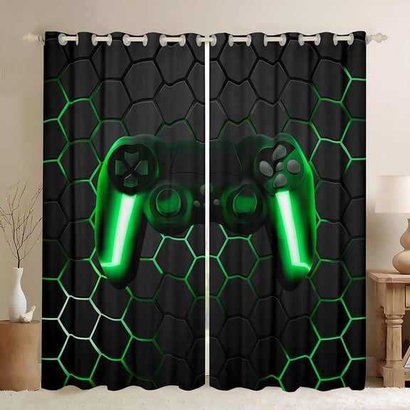Manfei Boys Game Console Black Out Curtains, Green Honeycomb Geometric Curtains Pack of 2 (42x63 Each), Modern Video Gaming Bedroom Curtains, Curtains and Drapes Room Decor